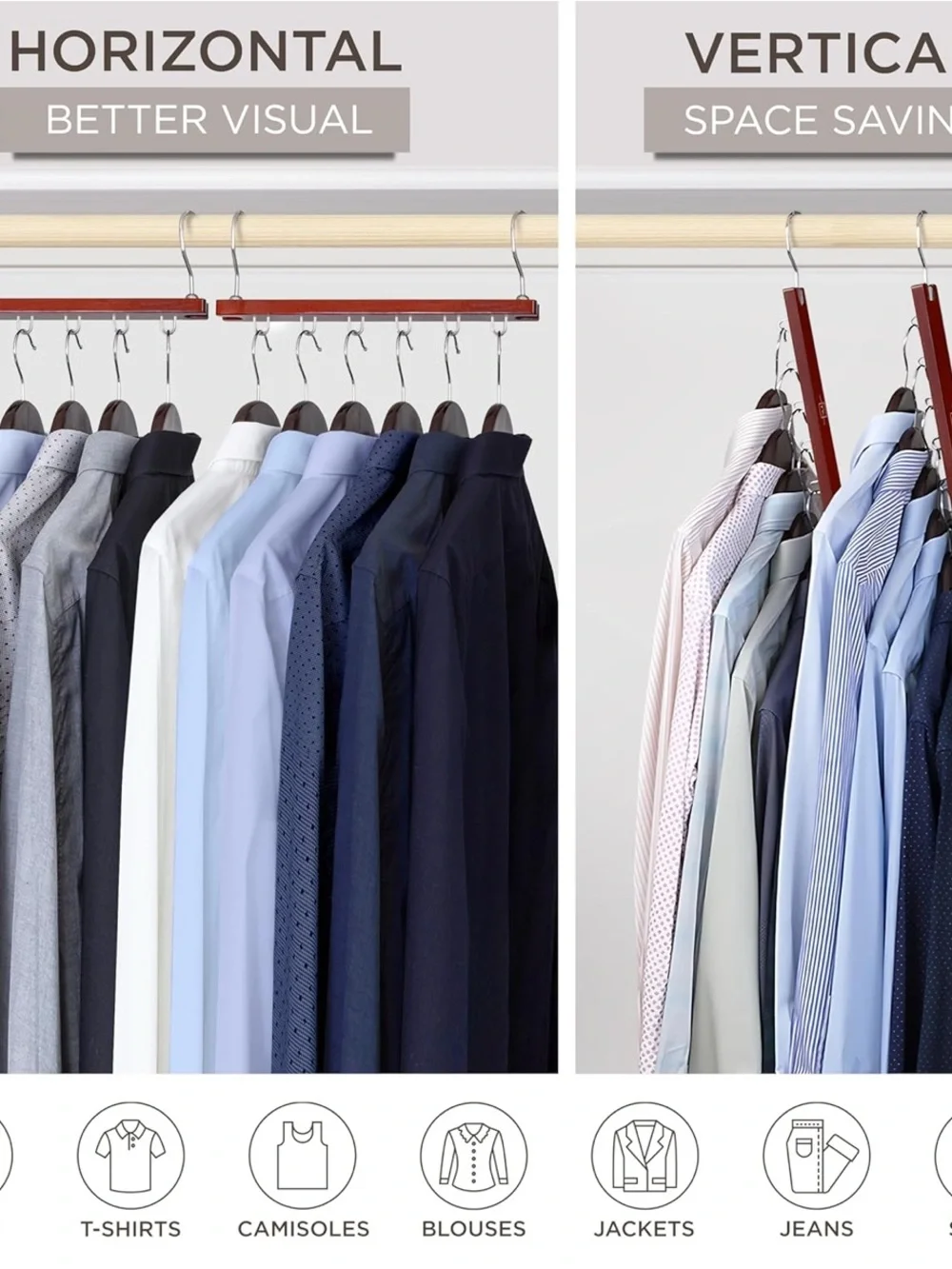 (Set of 2) Space-Saving Cascading Hanger Clothes Tiered Organizer Closets Wooden